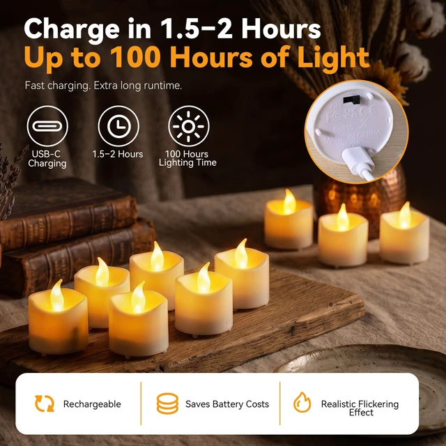 Alt view image 2 of 7 - Rechargeable Flameless Tea Lights Candles with Remote Timer, Battery Operated LED Tealight Candles with 2 x 6-Port USB-C Cable for Votive Wedding Table Centerpiece Home Aniversary Decor, 12-Pack