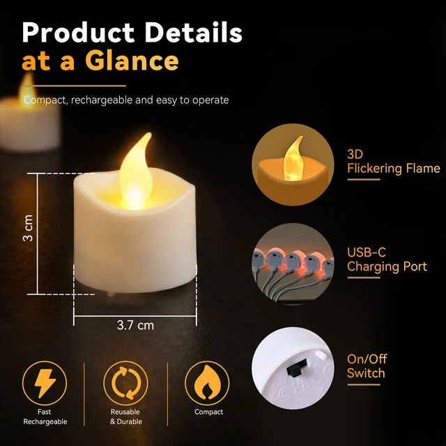 Alt view image 3 of 7 - Rechargeable Flameless Tea Lights Candles with Remote Timer, Battery Operated LED Tealight Candles with 2 x 6-Port USB-C Cable for Votive Wedding Table Centerpiece Home Aniversary Decor, 12-Pack