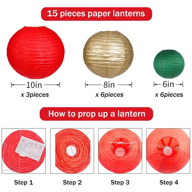 Alt view image 3 of 7 - Round Hanging Paper Lanterns Christmas Party Decorations 15pcs Paper Lanterns Party Decorations for Christmas, Graduation, Anniversary, Birthday Party Supplies Green/Red/Gold