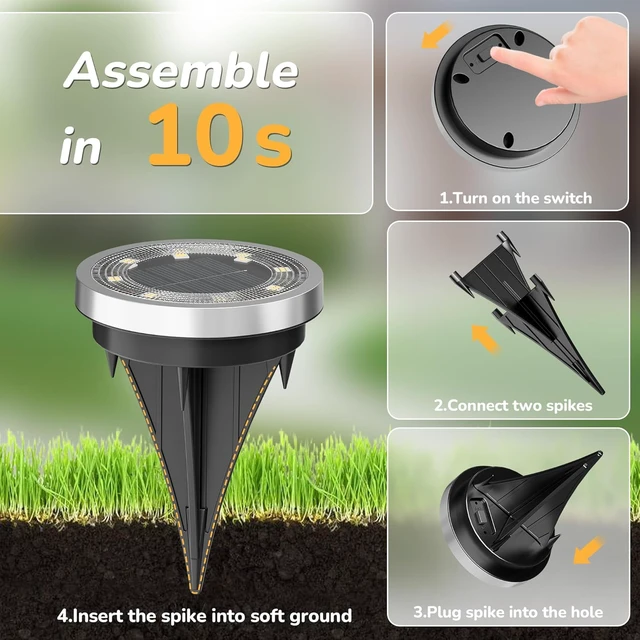 Alt view image 6 of 7 - 10Pack Solar Ground Lights Outdoor, 8 LED, IP65 Waterproof, Cold White 600mAh Ni-MH battery, 8-10h runtime, stainless steel, ABS and PP body, solar garden lights for pathways, lawns and driveways