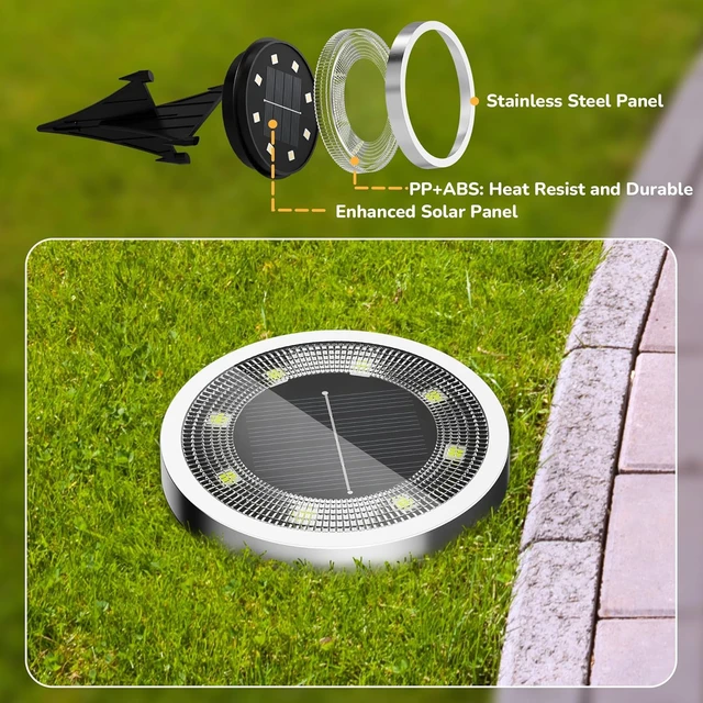 Alt view image 7 of 7 - 10Pack Solar Ground Lights Outdoor, 8 LED, IP65 Waterproof, Cold White 600mAh Ni-MH battery, 8-10h runtime, stainless steel, ABS and PP body, solar garden lights for pathways, lawns and driveways