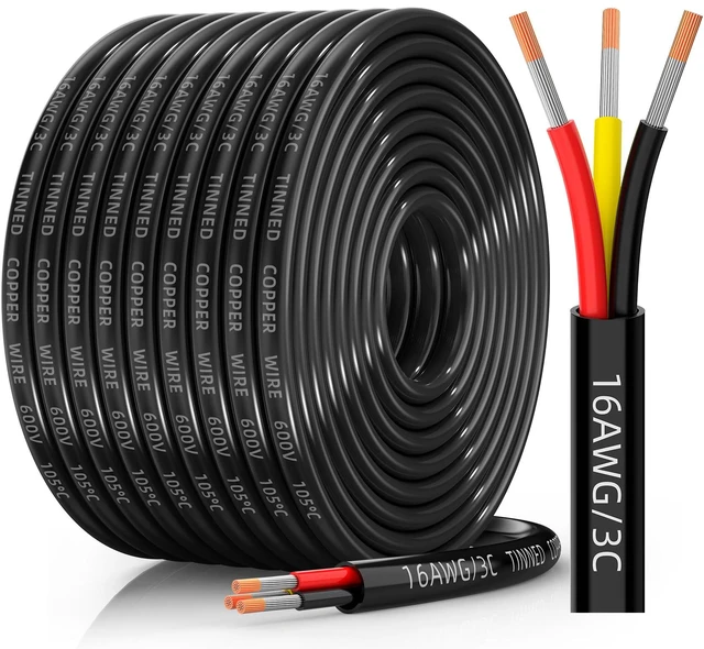Main image of 16 Gauge Wire, 16/3 Conductor Tinned Copper Electrical Wire, 50FT Flexible, Waterproof & Flame-Retardant Low-Voltage 16 AWG 3 Wire Cable with PVC Jacket for Automotive, RV, Marine, LED Strip
