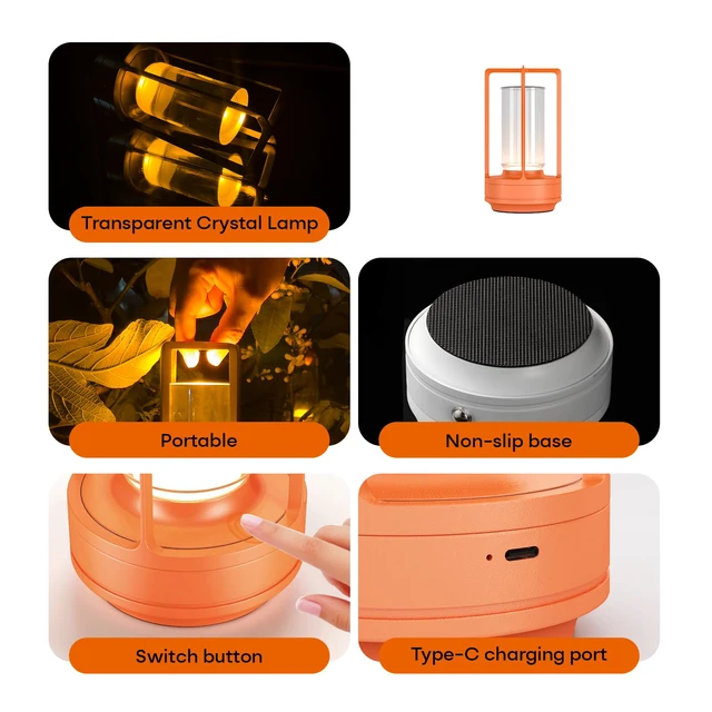 Alt view image 6 of 7 - Rechargeable Cordless Small Metal Table Lamp, Stepless Dimming, 3-Color Orange, 2600mAh Battery, Portable LED Desk Light, Cute, Suitable for Indoor/Outdoor/Restaurant/Bedroom/Bar/Coffee/Camping