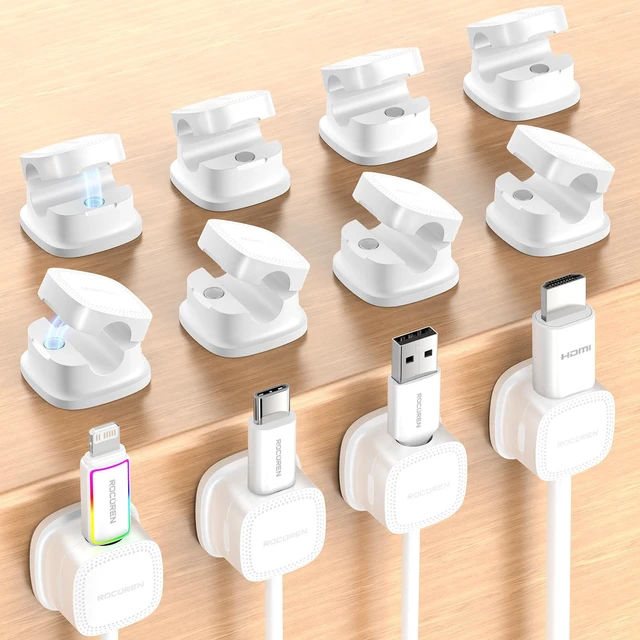 Main image of 12Pack Magnetic Smooth Adjustable Cable Clips Cord Organizer Desk Cable Management Accessories, Wire Holder Keeper for Desktop, Nightstand, Wall, Home Office, Phone & Car
