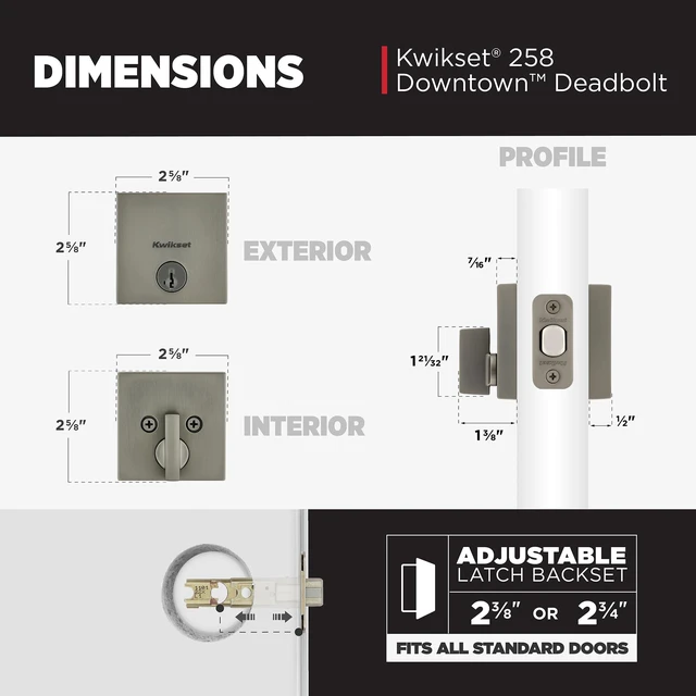 Alt view image 3 of 7 - 258 Low Profile Deadbolt Lock, Gunmetal Square Exterior Keyed Front Entry Door, Pick Resistant SmartKey Rekey Security, Single Cylinder Dead Bolt