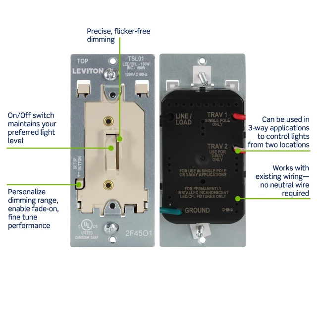 Alt view image 4 of 7 - Toggle Slide LED Advanced Dimmer Switch for 150W Dimmable LED, Halogen and Incandescent Bulbs and Fixtures, TSL01-I, Ivory