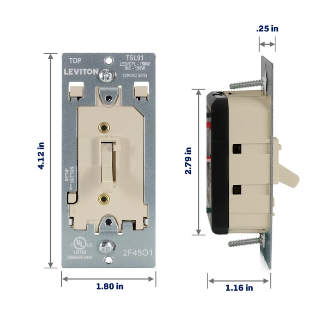 Alt view image 5 of 7 - Toggle Slide LED Advanced Dimmer Switch for 150W Dimmable LED, Halogen and Incandescent Bulbs and Fixtures, TSL01-I, Ivory