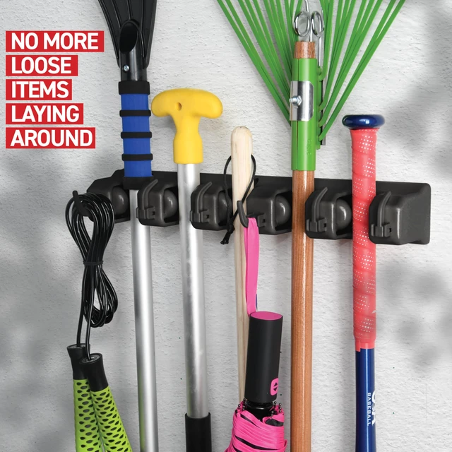 Alt view image 2 of 7 - 2 Pack Mop and Broom Holder Wall Mount - Garage Storage Organizer with 5 Slots, 6 Hooks, 7.5lbs Capacity Per Slot - Home, Kitchen, Closet, Laundry Room Organization Black Broom Hanger