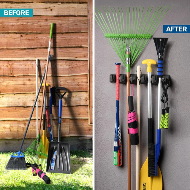 Alt view image 3 of 7 - 2 Pack Mop and Broom Holder Wall Mount - Garage Storage Organizer with 5 Slots, 6 Hooks, 7.5lbs Capacity Per Slot - Home, Kitchen, Closet, Laundry Room Organization Black Broom Hanger