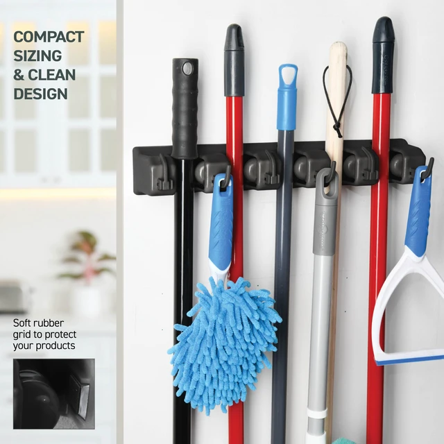 Alt view image 4 of 7 - 2 Pack Mop and Broom Holder Wall Mount - Garage Storage Organizer with 5 Slots, 6 Hooks, 7.5lbs Capacity Per Slot - Home, Kitchen, Closet, Laundry Room Organization Black Broom Hanger