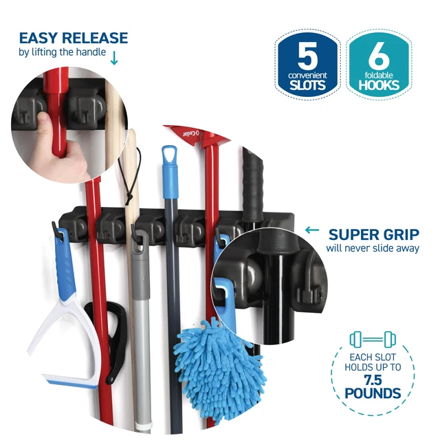 Alt view image 5 of 7 - 2 Pack Mop and Broom Holder Wall Mount - Garage Storage Organizer with 5 Slots, 6 Hooks, 7.5lbs Capacity Per Slot - Home, Kitchen, Closet, Laundry Room Organization Black Broom Hanger