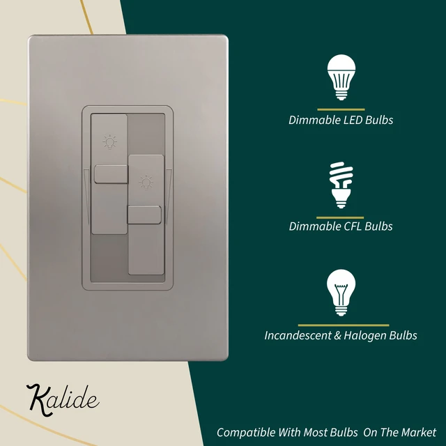Alt view image 2 of 7 - Dual Load LED Dimmer Switch, Single Pole, Nickel, 1 Pack Dual sliders dim two light loads independently. Dimmable bulbs only: 200W LED/CFL or 300W incandescent/halogen. No neutral