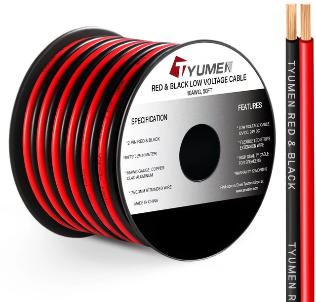 Main image of 10 Gauge Wire 50FT, 10AWG Red Black Electrical Wire LED Strips Extension Cord 12V/24V DC Cable, 10 AWG 2 Conductors Flexible Low Voltage Wire for in-Home, Autos, Speaker use