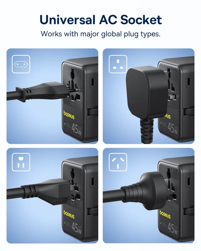 Alt view image 7 of 7 - 45W European Travel Plug Adapter, 6-in-1 Universal Power Adapter GaN International Travel Essentials with USB-C Retractable Cable, PD Fast Charging for Over 200 Countries - Picogo AG11