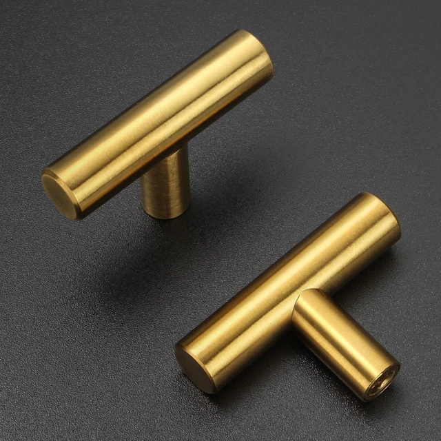 Alt view image 7 of 7 - 30 Pack Brushed Brass Cabinet Knobs Gold Drawer Pulls Stainless Steel Brushed Gold Dresser Knobs for Cabinets Cupboard Bathroom Kitchen Hardware, Single Hole T Bar Pulls, 2in Overall Length
