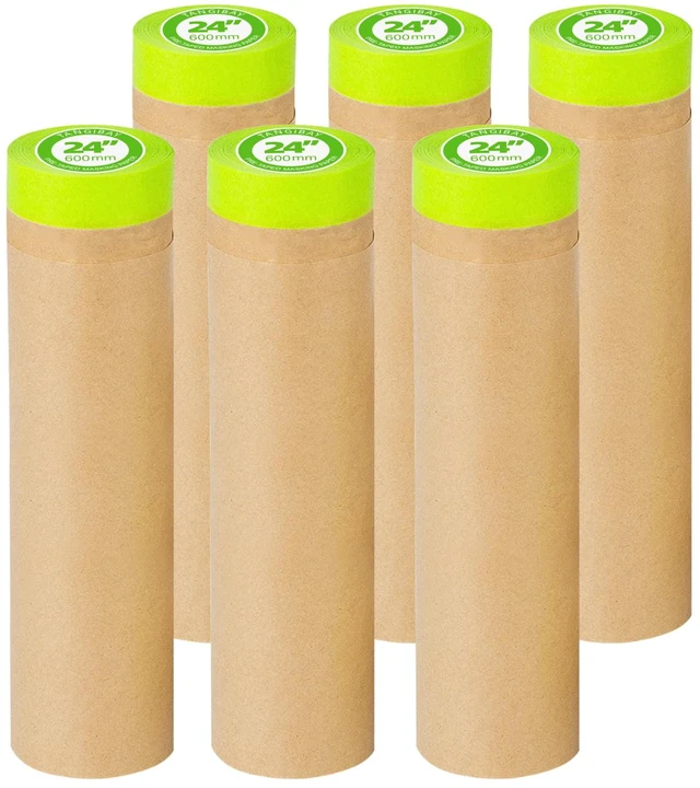 Main image of Pre-Taped Masking Paper for Painting - 24 inch x 50 feet Tape and Drape Painters Paper, Paint Adhesive Protective Paper Roll for Covering Skirting, Frames, Cars and Auto Body (6 Rolls)