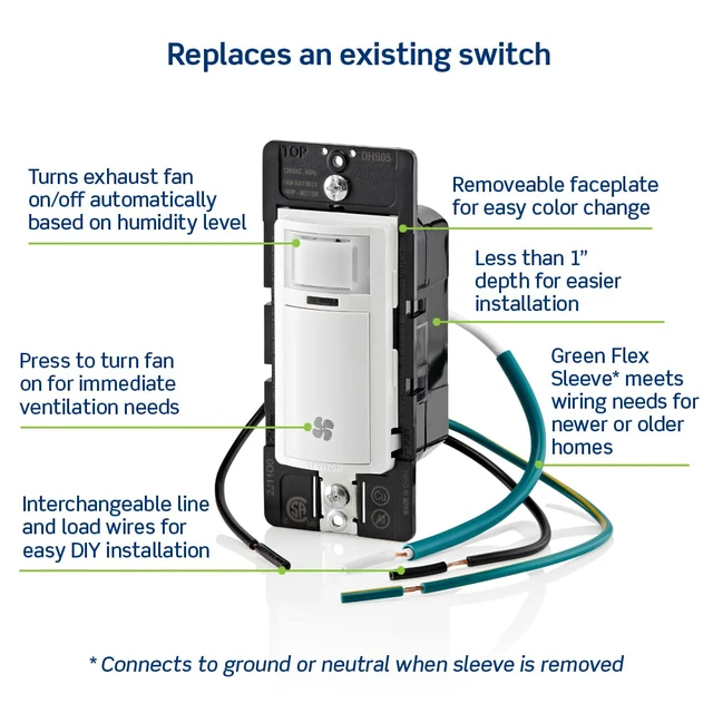 Alt view image 7 of 7 - Humidity Sensor Switch for Bathroom Exhaust Fan, Automate Ventilation, Air Circulation, Moisture Control, ¼ HP, Single Pole, DHS05-1LT, Light Almond
