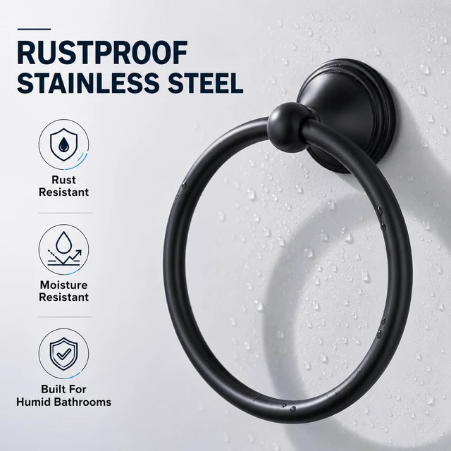 Alt view image 3 of 7 - Towel Ring for Bathroom, Matte Black Hand Towel Holder 2 Pack, Bathroom Accessories and Towel Racks for Bathroom Wall Mount
