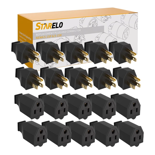Main image of Extension Cord Ends 125V 15A 2Pole 3Wire Male Plug and Female Connector Straight Blade Plug Replacement Electrical Extension Cord End(Male & Female 10 Set)