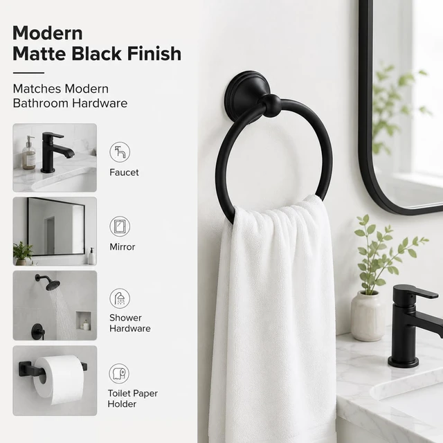Alt view image 5 of 7 - Towel Ring for Bathroom, Matte Black Hand Towel Holder 2 Pack, Bathroom Accessories and Towel Racks for Bathroom Wall Mount