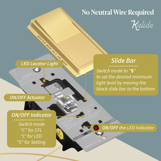 Alt view image 2 of 7 - Dimmer Paddle Switch for Dimmable 300W LED/CFL Lights,Gold,1P 1-Pole or 3-Way, 300W LED/CFL or 600W incandescent/halogen. No neutral required. Screwless Wall plates included. UL Listed