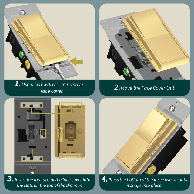 Alt view image 3 of 7 - Dimmer Paddle Switch for Dimmable 300W LED/CFL Lights,Gold,1P 1-Pole or 3-Way, 300W LED/CFL or 600W incandescent/halogen. No neutral required. Screwless Wall plates included. UL Listed