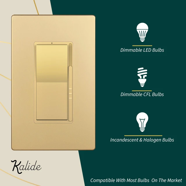 Alt view image 4 of 7 - Dimmer Paddle Switch for Dimmable 300W LED/CFL Lights,Gold,1P 1-Pole or 3-Way, 300W LED/CFL or 600W incandescent/halogen. No neutral required. Screwless Wall plates included. UL Listed