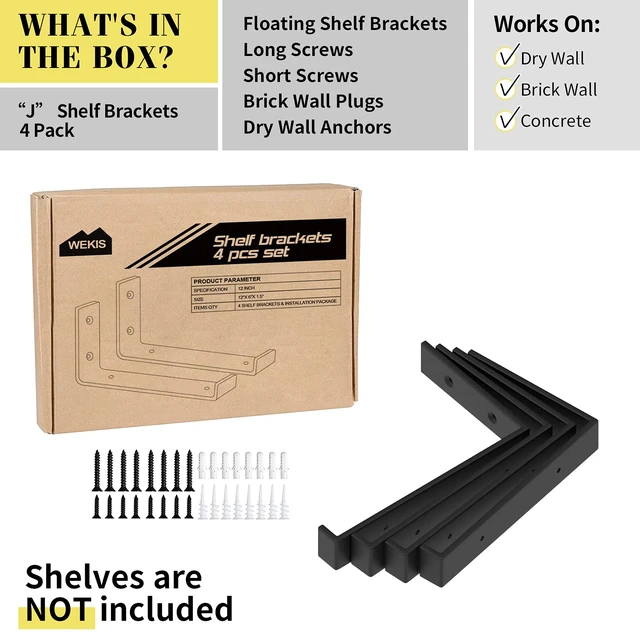 Alt view image 2 of 7 - Shelf Bracket, Heavy Duty Floating Shelf Brackets 12-Inch Long, 4-Pack Brackets for Shelves, Black Coated J Shape Metal Wall Shelf Support Brackets with 1/5-Inch Thick and 160 lb. Load Capacity