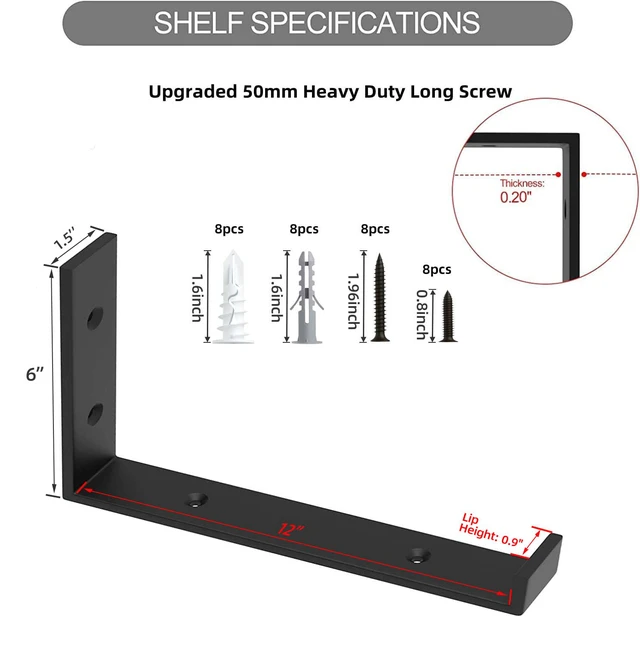 Alt view image 4 of 7 - Shelf Bracket, Heavy Duty Floating Shelf Brackets 12-Inch Long, 4-Pack Brackets for Shelves, Black Coated J Shape Metal Wall Shelf Support Brackets with 1/5-Inch Thick and 160 lb. Load Capacity