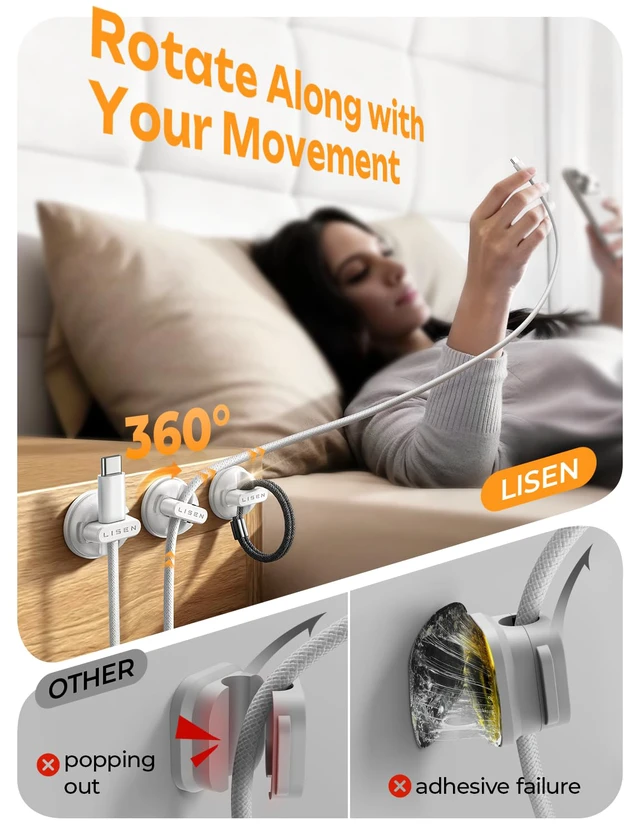 Alt view image 2 of 7 - 6-Pack Rotatable Cord Holder for Nightstand, 360°Rotating Magnetic Clips, No-Residue Adhesive Cable Management Clips Neatly for Nightstand, Desk, Home, Office, Car, Cubicle Accessories, White