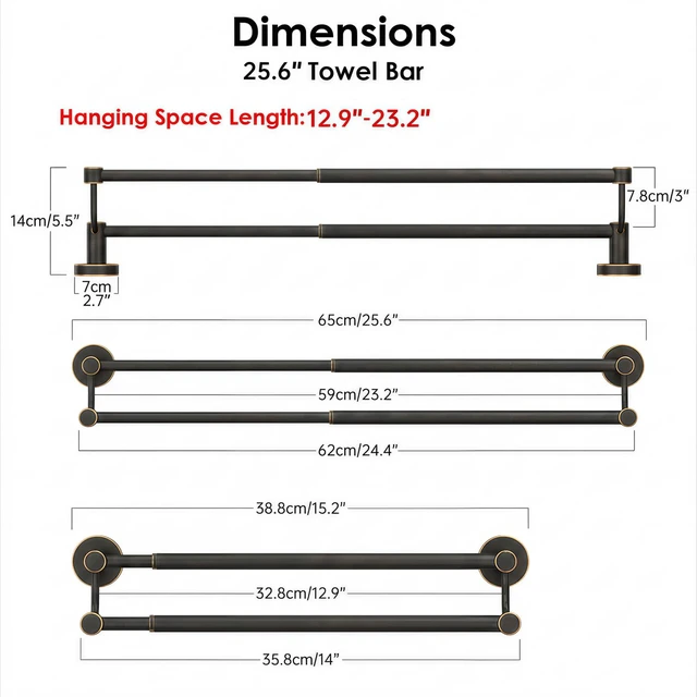 Alt view image 6 of 6 - Double Towel Bar Towel Rack for Bathroom Towel Rod Oil Rubbed Bronze Adjustable 16-26 In,Wall Mounted Towel Holder, Stainless Steel, Rustproof, Towel Bar Rod Hanger Hardware Accessories Hotel