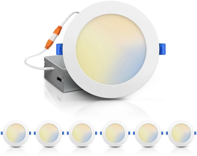 Main image of 6 Pack 6 Inch 5CCT Ultra-Thin LED Recessed Ceiling Light with Junction Box, 2700K/3000K/4000K/5000K/6000K Selectable, 12W, 1100Lm, Dimmable Canless Recessed Lighting, ETL&FCC Listed