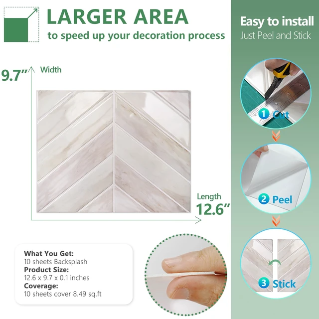 Alt view image 6 of 7 - Herringbone Peel and Stick Backsplash, Eurasian Wood, 10 Sheets 12.6 x 9.7 in, Thicker Rectangular Vinyl Stick-On Wall Tiles, Easy Alignment, Waterproof, Easy to Clean, Kitchen/Bathroom