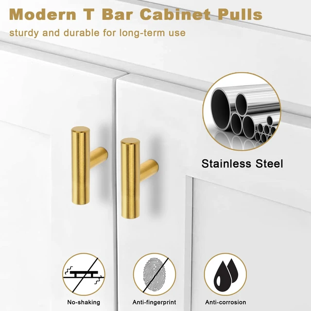 Alt view image 2 of 7 - 30 Pack Brushed Brass Cabinet Knobs Gold Drawer Pulls Stainless Steel Brushed Gold Dresser Knobs for Cabinets Cupboard Bathroom Kitchen Hardware, Single Hole T Bar Pulls, 2in Overall Length