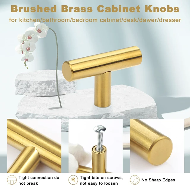 Alt view image 3 of 7 - 30 Pack Brushed Brass Cabinet Knobs Gold Drawer Pulls Stainless Steel Brushed Gold Dresser Knobs for Cabinets Cupboard Bathroom Kitchen Hardware, Single Hole T Bar Pulls, 2in Overall Length