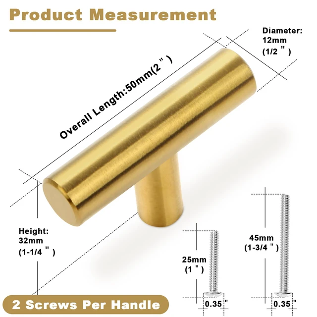 Alt view image 4 of 7 - 30 Pack Brushed Brass Cabinet Knobs Gold Drawer Pulls Stainless Steel Brushed Gold Dresser Knobs for Cabinets Cupboard Bathroom Kitchen Hardware, Single Hole T Bar Pulls, 2in Overall Length