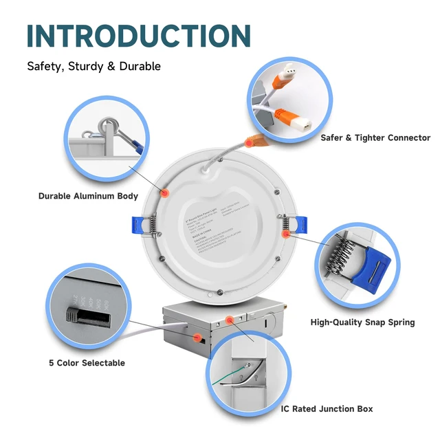 Alt view image 6 of 7 - 6 Pack 6 Inch 5CCT Ultra-Thin LED Recessed Ceiling Light with Junction Box, 2700K/3000K/4000K/5000K/6000K Selectable, 12W, 1100Lm, Dimmable Canless Recessed Lighting, ETL&FCC Listed