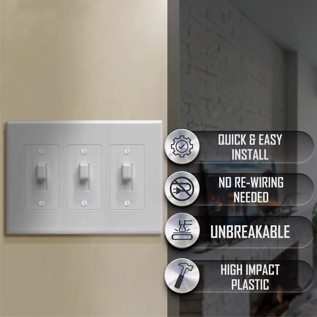 Alt view image 4 of 6 - 2673W 3-Gang MASQUE Decorator Cover, Toggle, White Polycarbonate, No Rewire Required, Toggle Switch Cover, Includes Matching Screws, Unbreakable Design, Commercial Use