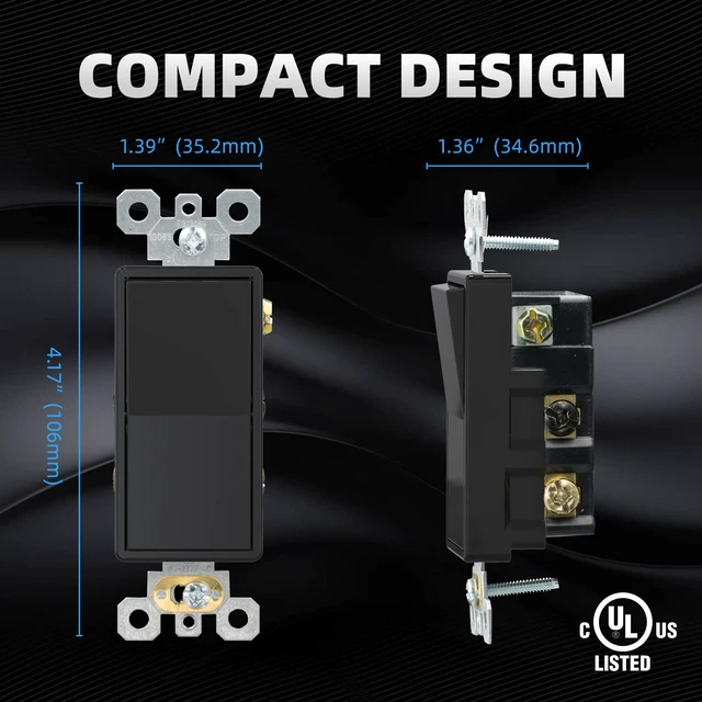 Alt view image 4 of 7 - 4 Way Decorative Light Switch, 15Amp, 120-277 Volt, AC Decorator Rocker Paddle Wall Switch Replacement, Self-Grounding, Residential and Commercial Grade, UL Listed (10 Pack, Glossy Black)