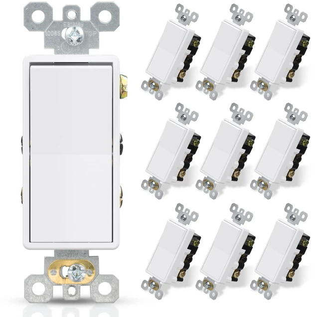 Main image of 4 Way Decorative Light Switch, 15Amp, 120-277 Volt, AC Decorator Rocker Paddle Wall Switch Replacement, Self-Grounding, Residential and Commercial Grade, UL Listed (10 Pack, Glossy White)