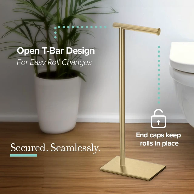 Alt view image 2 of 7 - 1431B Freestanding Toilet Paper Holder Stand, Modern Bathroom Toilet Tissue Holder with Weighted Rectangle Base, Brushed Brass Finish, 22.25 Inch