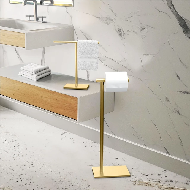 Alt view image 4 of 7 - 1431B Freestanding Toilet Paper Holder Stand, Modern Bathroom Toilet Tissue Holder with Weighted Rectangle Base, Brushed Brass Finish, 22.25 Inch