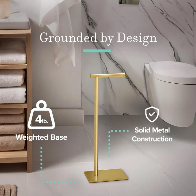 Alt view image 3 of 7 - 1431B Freestanding Toilet Paper Holder Stand, Modern Bathroom Toilet Tissue Holder with Weighted Rectangle Base, Brushed Brass Finish, 22.25 Inch