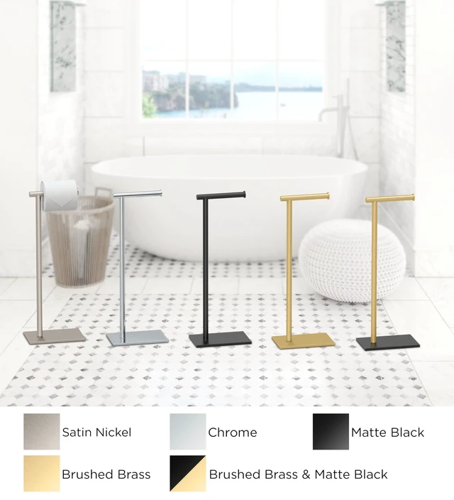 Alt view image 6 of 7 - 1431MXB Modern Rectangle Base Freestanding Toilet Paper Holder, Matte Black/Brushed Brass, Weighted Base, 21.25" Bathroom Tissue Stand