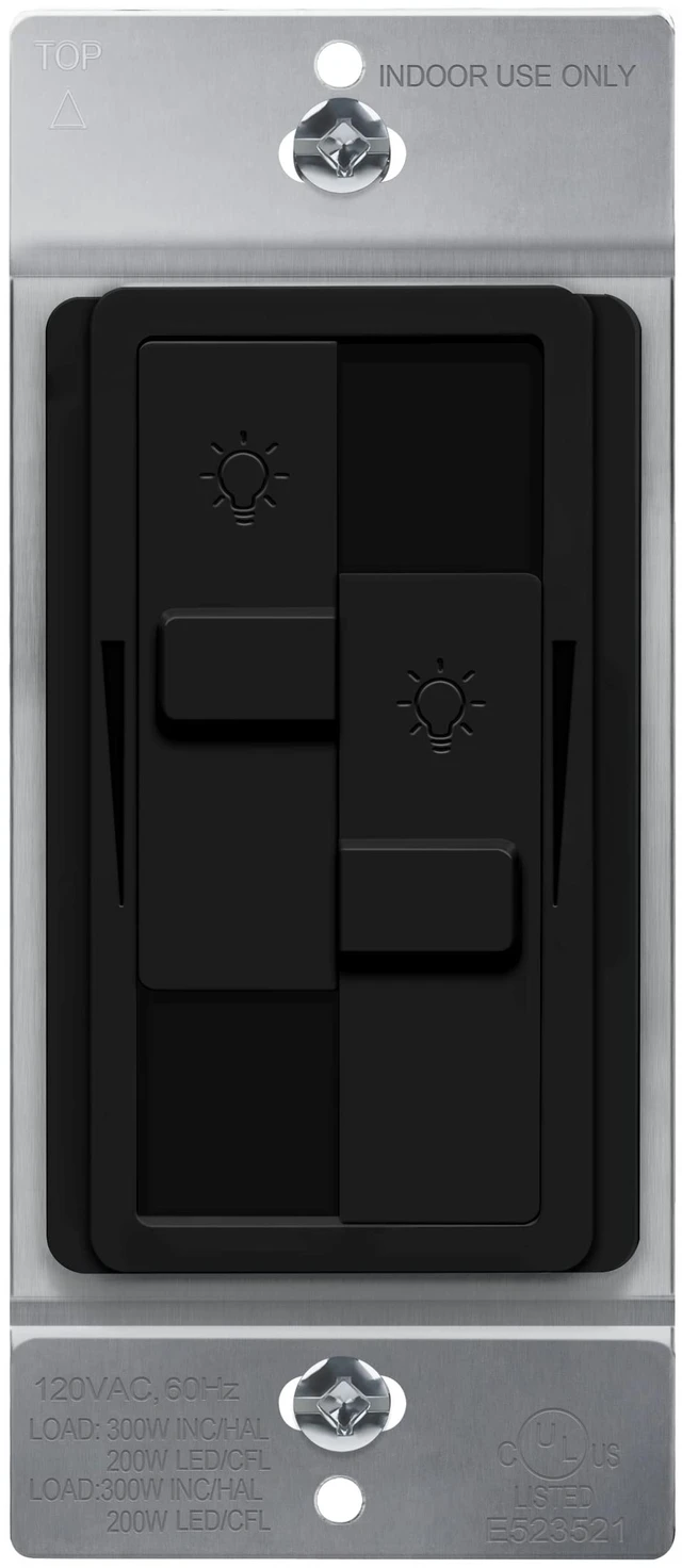 Main image of Dual Load LED Dimmer Switch, Single Pole, Black, 1 Pack Dual sliders dim two light loads independently. Dimmable bulbs only: 200W LED/CFL or 300W incandescent/halogen. No neutral