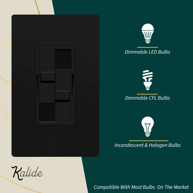 Alt view image 3 of 7 - Dual Load LED Dimmer Switch, Single Pole, Black, 1 Pack Dual sliders dim two light loads independently. Dimmable bulbs only: 200W LED/CFL or 300W incandescent/halogen. No neutral