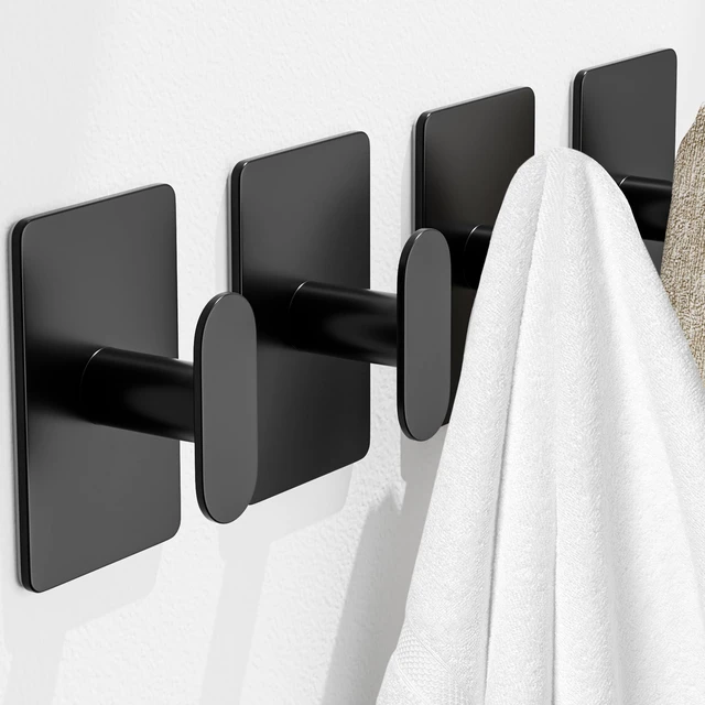 Main image of Adhesive Towel Hooks: 20LB Extra Strong Wall Hanger, Black 4 Pack