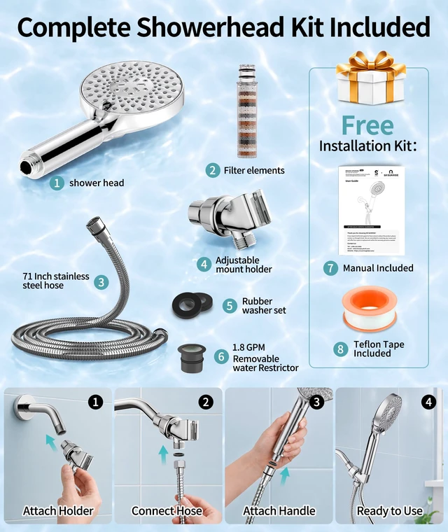 Alt view image 7 of 7 - Filtered Shower Head with Handheld High Pressure 9 Spray Mode Showerhead Detachable Shower Head Water Softener Filters Beads for Hard Water Remove Chlorine 1 Filter 1.8GPM Chrome