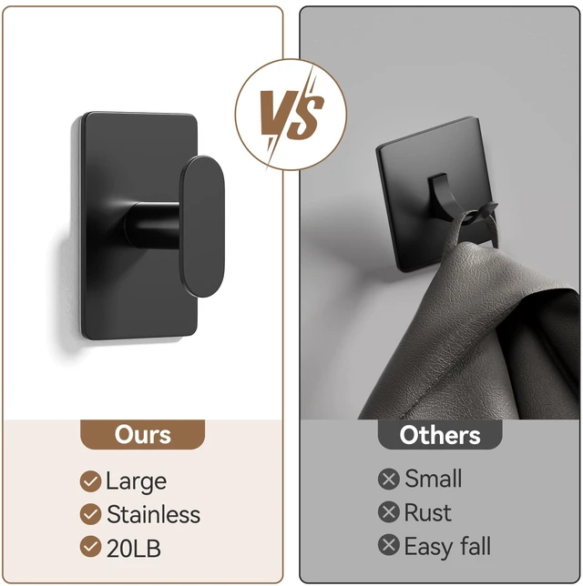 Alt view image 3 of 6 - Adhesive Towel Hooks: 20LB Extra Strong Wall Hanger, Black 4 Pack