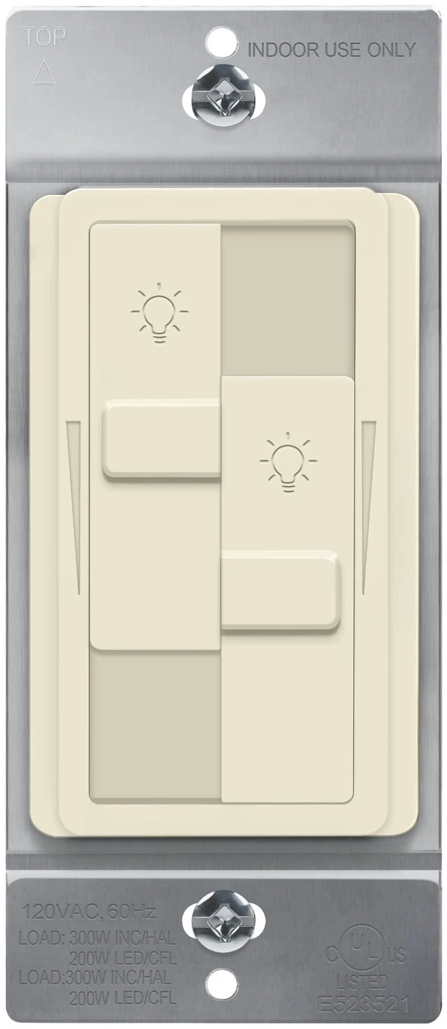 Main image of Dual Load LED Dimmer Switch, Single Pole, LA, 1 Pack Dual sliders dim two light loads independently. Dimmable bulbs only: 200W LED/CFL or 300W incandescent/halogen. No neutral